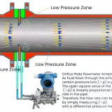 Schematic of an orifice plate flowmeter showing pressure zones. Calculating flow rate from pressure and diameter is key.