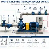 Diagram of a pump system, highlighting potential issues like air in pump suction line during startup.