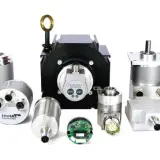 A collection of Posital Fraba encoders and sensors, showcasing various models with different connectors and mounting styles.