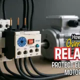 Close-up of electrical components, including overload relays and an electric motor, illustrating how overload relays protect electric motors.