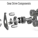 Exploded view of gear drive components, showing a splined shaft, gears, bearings, and a ring gear. Essential parts for any gear head motors.