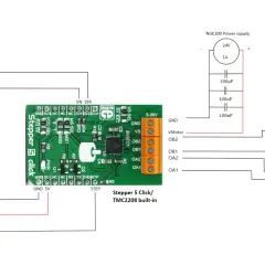 Circuit diagram shows a Stepper 5 Click board connected to a Raspberry Pi and a SF2421-10B41 stepper motor, powered by a 24V supply. The setup is designed to control the stepper motor, preventing it from vibrating.