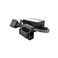 Black EMI filter for LED lights, featuring a compact box and connector with a braided cable.