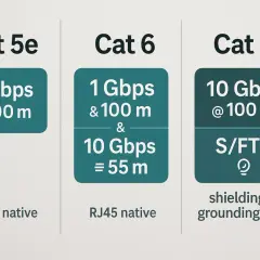 Cat 6 offers higher speeds than Cat 5e, supporting 10 Gbps up to 55m. Both are RJ45 native.