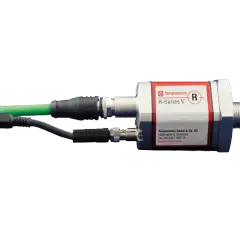 Temposonics R-Series V sensors, with a red and silver housing, connected via USB and other cables.