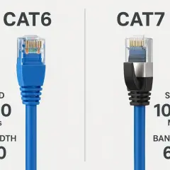 CAT6 vs CAT7 Ethernet cables. CAT7 offers a massive speed upgrade, reaching 10000 Mbps compared to CAT6's 1000 Mbps.