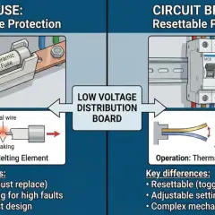 Illustrates the difference between a fuse (one-time protection, melting element) and a circuit breaker (resettable protection, thermal/magnetic trip).