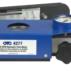 OTC 4277 hydraulic flow meter, designed to measure the rate of flow up to 50 GPM. Features a pressure gauge and temperature display.