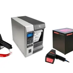 Three Microscan barcode verifiers and a Zebra printer are displayed.