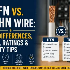 Comparing TFFN and THHN wire, showing stranded vs. solid copper, flexibility, and uses for conduit and dry locations.