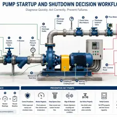 Diagram of a pump system, highlighting potential issues like air in pump suction line during startup.