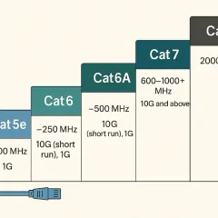 Diagram shows Ethernet cable categories (Cat 5e to Cat 8) with their MHz and speed capabilities. Cat 6 supports 250 MHz and 10G on short runs, illustrating ethernet cable distance limit cat6.