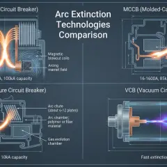Diagrams comparing arc extinction technologies in ACB, MCCB, MCB, and VCB circuit breakers, illustrating arc quenching methods.