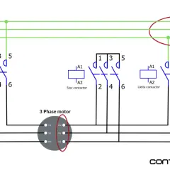 Diagram shows 3 phase motor connections using main, star, and delta contactors.