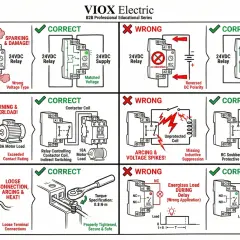 Diagrams showing correct and incorrect wiring for a motor starter coil symbol, illustrating issues like wrong voltage, reversed polarity, and arcing.