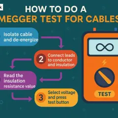 Diagram shows steps for a megger test: isolate cable, connect leads, select voltage, and read resistance. This test checks cable insulation.