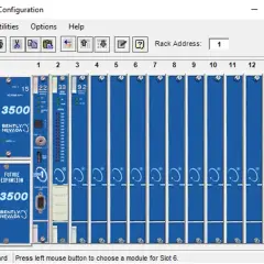 Baker Hughes Bently Nevada 3500 system configuration screen showing a rack with installed modules.