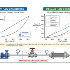 Diagrams compare linear and equal percentage valve flow characteristics. A linear control valve shows a straight line on a flow vs. travel graph.