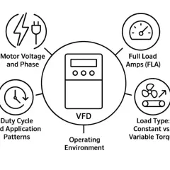 Diagram shows factors for VFD sizing: motor voltage, FLA, load type, duty cycle, and operating environment.
