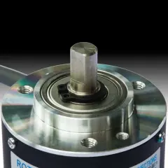 Close-up of a rotary encoder, a key component from an encoder products company, showcasing its precision shaft and bearing assembly.