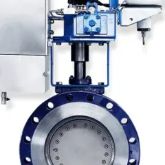 A heavy-duty industrial butterfly valve, likely a Zwick valve, with a blue flange and silver disc, connected to a complex blue and silver actuator system.