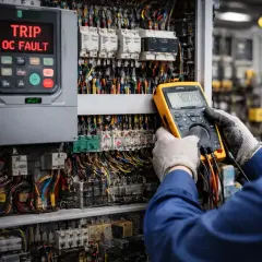 Technician performing VFD troubleshooting on a complex electrical panel, with a "TRIP OC FAULT" displayed.