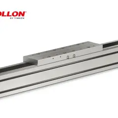 A linear motion system featuring a roller screw actuator, with a silver aluminum profile and a black end block.