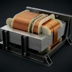 A detailed view of an isolation transformer, showcasing its copper windings and laminated core, essential for electrical safety.