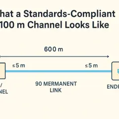 Diagram shows a 100m channel, with a 90m permanent link and two 5m patch cords, illustrating the ethernet cable distance limit.