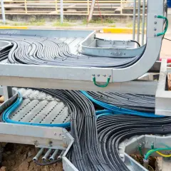 A complex network of black and blue cables is neatly organized within metal tray cable systems, showcasing industrial cable management.