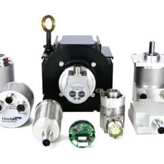 A collection of Posital Fraba encoders and sensors, showcasing various models with different connectors and mounting styles.