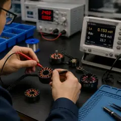 Technician performs a motor winding resistance test, checking inductance and resistance values on a digital meter.