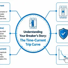 Diagram explaining the time-current trip curve of a thermomagnetic circuit breaker, detailing axes, curves, and protection zones.