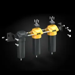 Exploded view of a Parker filtration innovation center system, showcasing its modular design with yellow filter housings and black components.