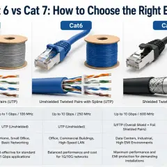 Comparing types of cat cables: Cat5e (UTP), Cat6 (UTP with spline), and Cat7 (S/FTP), detailing speed, shielding, and best environments.