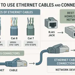 Diagram shows different ethernet cable connector types: Cat 5, 6, 7 cables, RJ45 jacks, and how they connect to network devices.