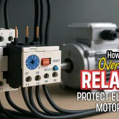 Close-up of electrical components, including overload relays and an electric motor, illustrating how overload relays protect electric motors.