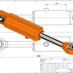 Orange hydraulic cylinder with rod extended. Dimensions shown, including 20mm and 55mm diameters. This engineering drawing illustrates how pressure times area creates force.