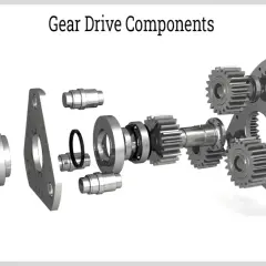 Exploded view of gear drive components, showing a splined shaft, gears, bearings, and a ring gear. Essential parts for any gear head motors.
