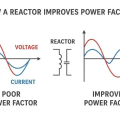 Diagram shows how a reactor improves power factor by aligning voltage and current waveforms.
