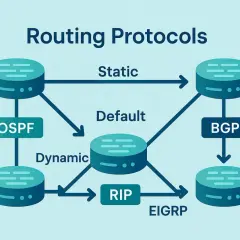 Diagram illustrating static and dynamic layer 3 routing protocols like OSPF, RIP, EIGRP, and BGP, with default routing.