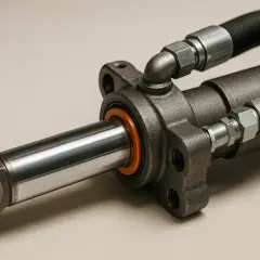 Close-up of a hydraulic cylinder, showcasing its polished rod and various hydraulic cylinder rod end types with attached hoses.