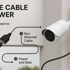 Diagram shows how to connect a security camera using one cable for both power and data via PoE.