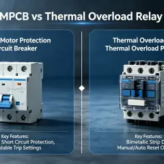 MPCB motor circuit protector vs thermal overload relay, showing their distinct designs and key features for motor protection.