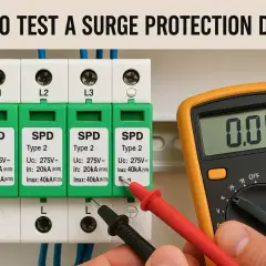 Testing surge protection devices (SPDs) with a multimeter. This surge testing ensures your electrical system is safe.