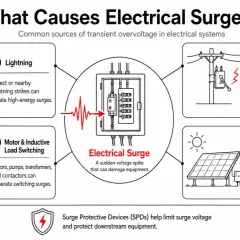 Diagram shows causes of electrical surges: lightning, power grid switching, motor/inductive load switching, and solar PV exposure. An overvoltage is a sudden voltage spike.