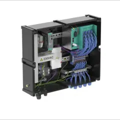 Inside a black enclosure, a complex electrical system with many blue ethernet cables and a 230VAC warning.