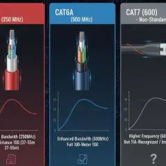 Comparison of Cat 6a vs Cat 7 cables, showing Cat 6a's enhanced bandwidth for full 100m 10G, while Cat 7 is non-standard.