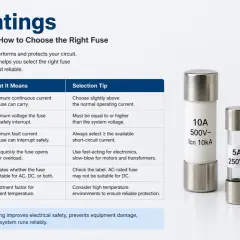 Fuse ratings explain what a fuse is in a circuit: its current, voltage, and breaking capacity. Image shows three fuses with their ratings.