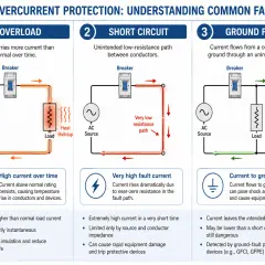 Diagrams illustrate overload, short circuit, and ground fault protection, explaining how excessive current, like in a magnetic overload, can damage circuits.